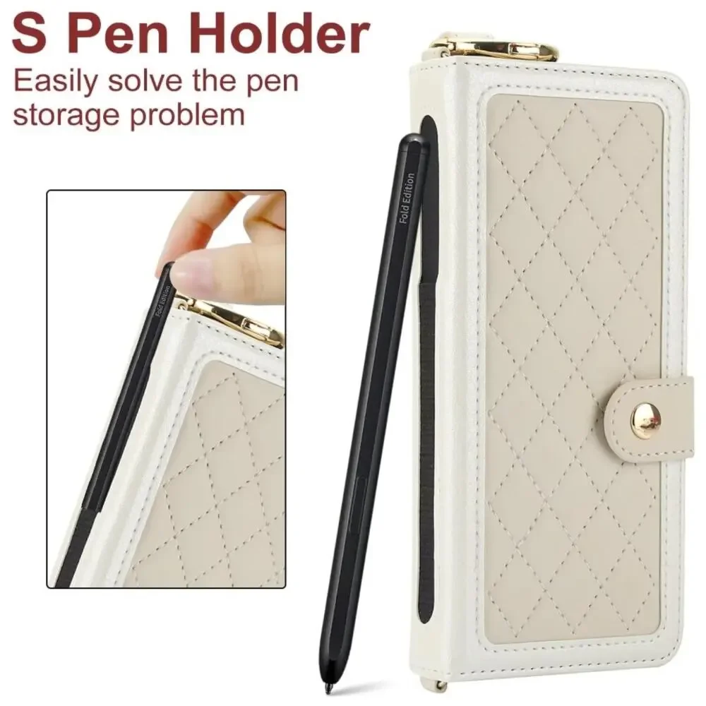 Asuwish Galaxy Z Fold 7 Crossbody Wallet Case RFID S Pen Holder Card Slots Beige